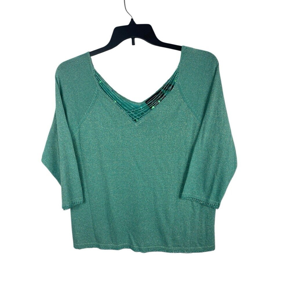 VTG Y2K Shimmery Aqua Green Beaded Detail Vneck 3/4 Sleeve Fairy Top 1x